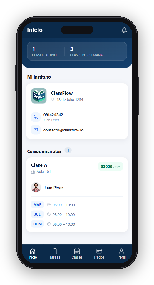 Pantalla de inicio de la app de ClassFlow con los cursos del alumno