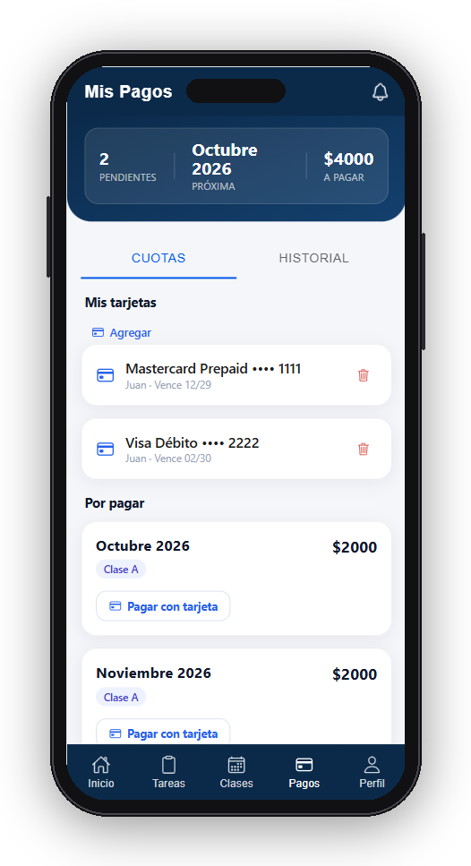 Pago de cuotas con tarjeta desde la app de ClassFlow