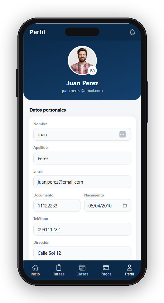 Perfil del alumno en la app de ClassFlow