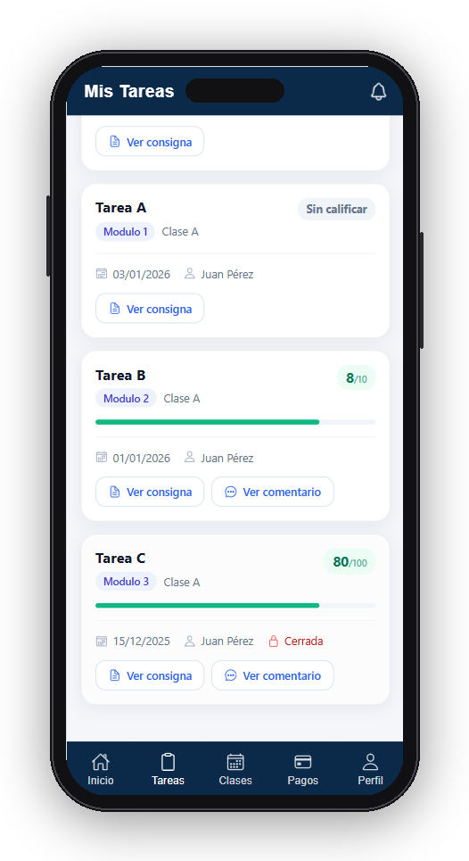 Listado de tareas y calificaciones en la app de ClassFlow