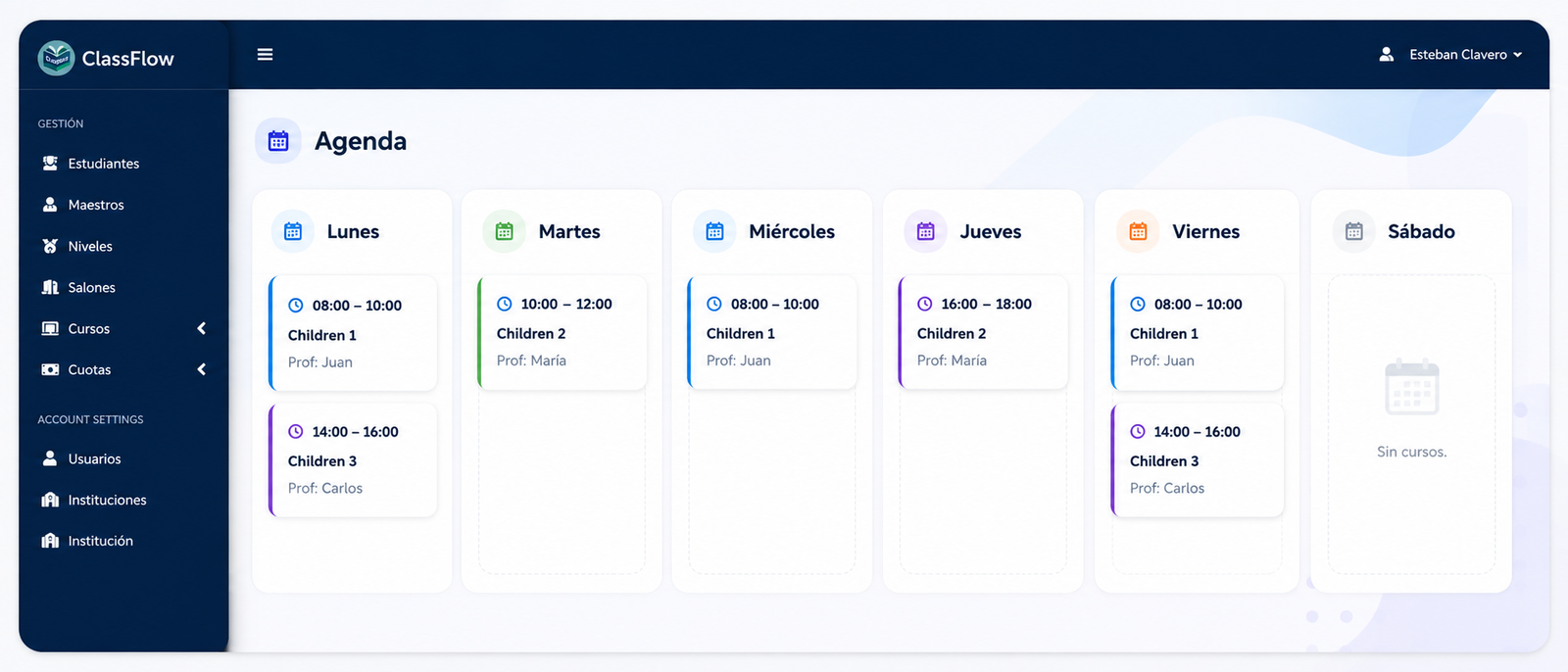 Plataforma ClassFlow mostrando alumnos, cuotas y reportes